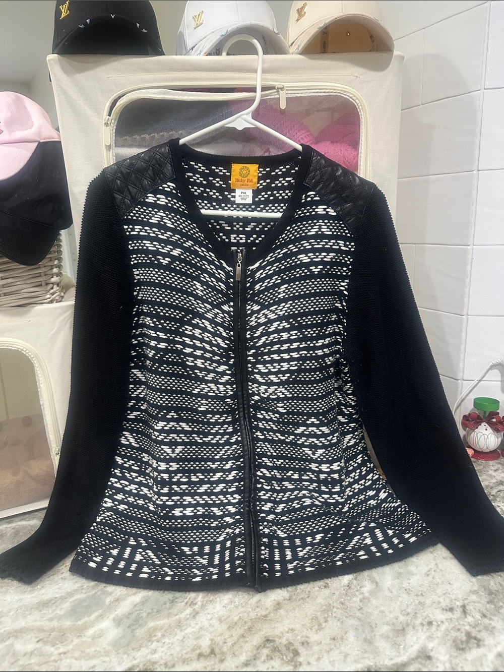 Rafaella Black and White Zip-Front Knit Cardigan
